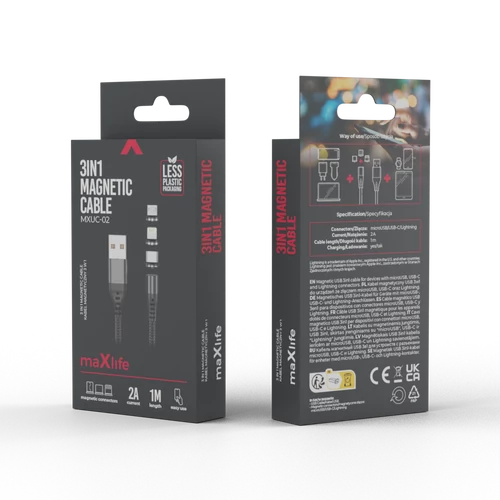 MAXLIFE MÁGN. KÁBEL 3IN1 USB+USB TYPE-C