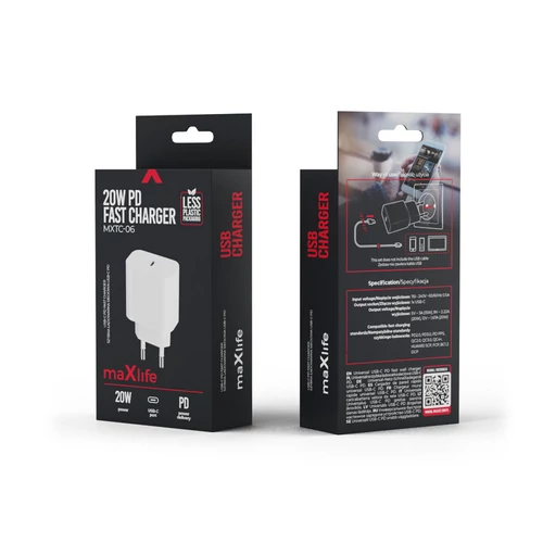 MAXLIFE FALI TÖLTŐ 1USB+1USB TYPE-C 20W